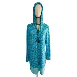 Cabana Life Talbots M Aqua & Blue Patterned Hooded Long-Sleeve Vacation Dress